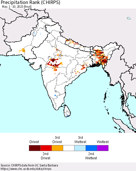 Southern Asia Precipitation Rank since 1981 (CHIRPS) Thematic Map For 5/1/2023 - 5/10/2023