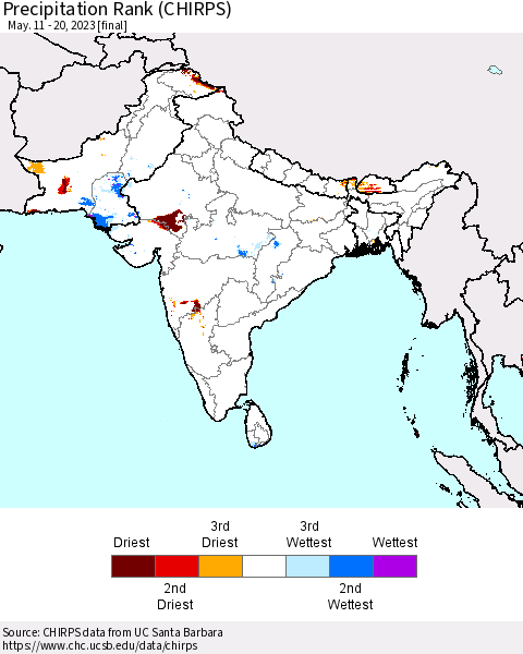 Southern Asia Precipitation Rank since 1981 (CHIRPS) Thematic Map For 5/11/2023 - 5/20/2023