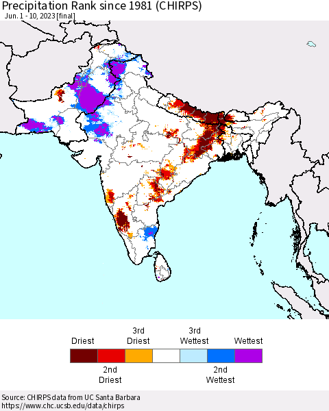 Southern Asia Precipitation Rank since 1981 (CHIRPS) Thematic Map For 6/1/2023 - 6/10/2023