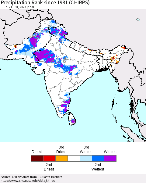 Southern Asia Precipitation Rank since 1981 (CHIRPS) Thematic Map For 6/21/2023 - 6/30/2023