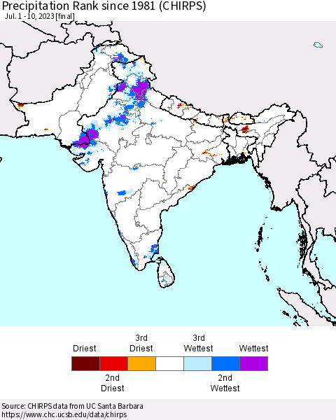 Southern Asia Precipitation Rank since 1981 (CHIRPS) Thematic Map For 7/1/2023 - 7/10/2023