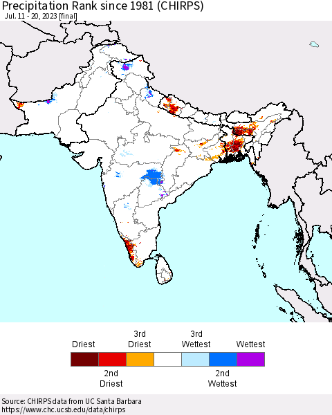 Southern Asia Precipitation Rank since 1981 (CHIRPS) Thematic Map For 7/11/2023 - 7/20/2023