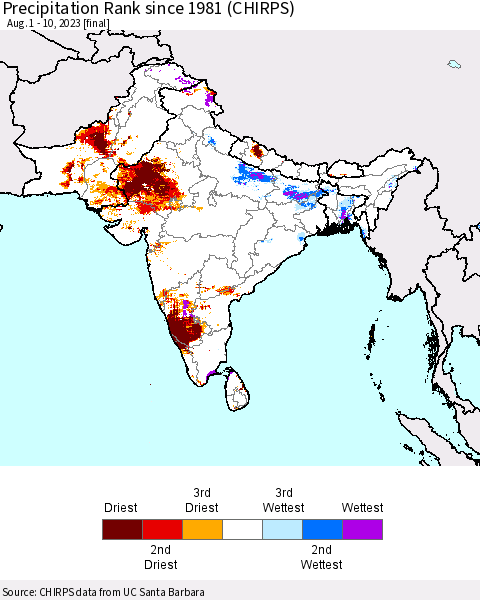Southern Asia Precipitation Rank since 1981 (CHIRPS) Thematic Map For 8/1/2023 - 8/10/2023