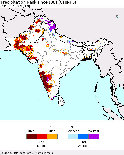 Southern Asia Precipitation Rank since 1981 (CHIRPS) Thematic Map For 8/11/2023 - 8/20/2023