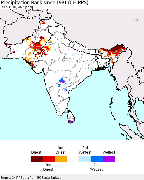 Southern Asia Precipitation Rank since 1981 (CHIRPS) Thematic Map For 9/1/2023 - 9/10/2023