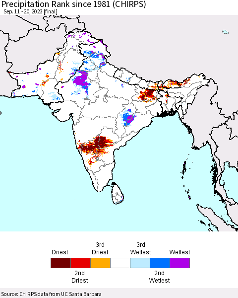 Southern Asia Precipitation Rank since 1981 (CHIRPS) Thematic Map For 9/11/2023 - 9/20/2023