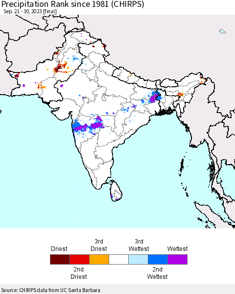 Southern Asia Precipitation Rank since 1981 (CHIRPS) Thematic Map For 9/21/2023 - 9/30/2023