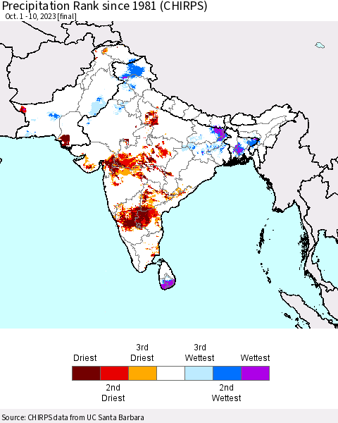 Southern Asia Precipitation Rank since 1981 (CHIRPS) Thematic Map For 10/1/2023 - 10/10/2023