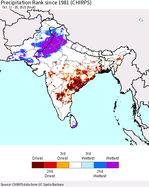 Southern Asia Precipitation Rank since 1981 (CHIRPS) Thematic Map For 10/11/2023 - 10/20/2023