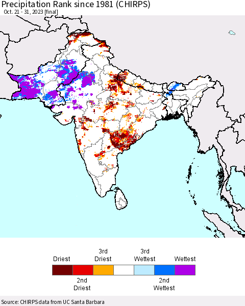 Southern Asia Precipitation Rank since 1981 (CHIRPS) Thematic Map For 10/21/2023 - 10/31/2023