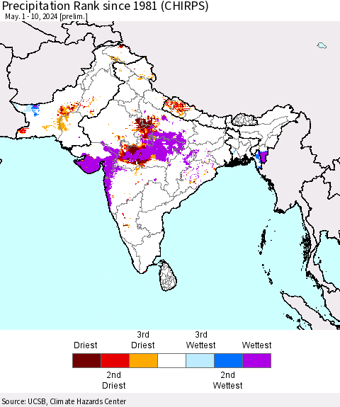 Southern Asia Precipitation Rank since 1981 (CHIRPS) Thematic Map For 5/1/2024 - 5/10/2024