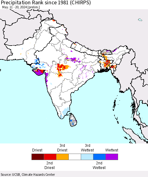 Southern Asia Precipitation Rank since 1981 (CHIRPS) Thematic Map For 5/11/2024 - 5/20/2024