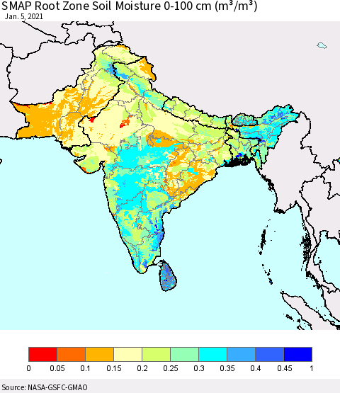 Southern Asia SMAP Root Zone (0-100 cm) Soil Moisture (m³/m³) Thematic Map For 1/1/2021 - 1/5/2021