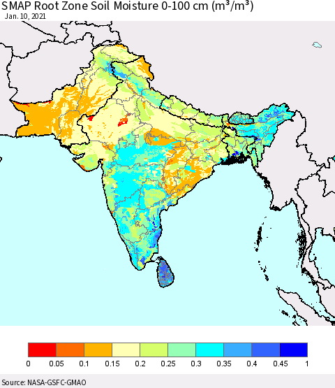 Southern Asia SMAP Root Zone (0-100 cm) Soil Moisture (m³/m³) Thematic Map For 1/6/2021 - 1/10/2021