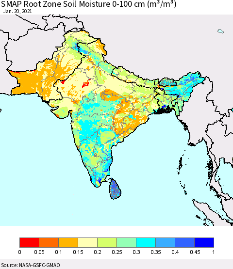 Southern Asia SMAP Root Zone (0-100 cm) Soil Moisture (m³/m³) Thematic Map For 1/16/2021 - 1/20/2021
