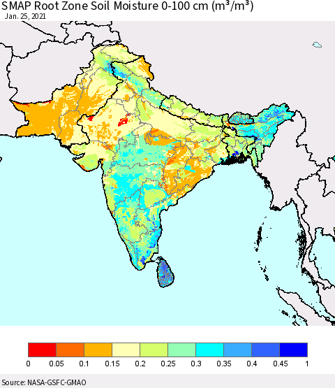 Southern Asia SMAP Root Zone (0-100 cm) Soil Moisture (m³/m³) Thematic Map For 1/21/2021 - 1/25/2021