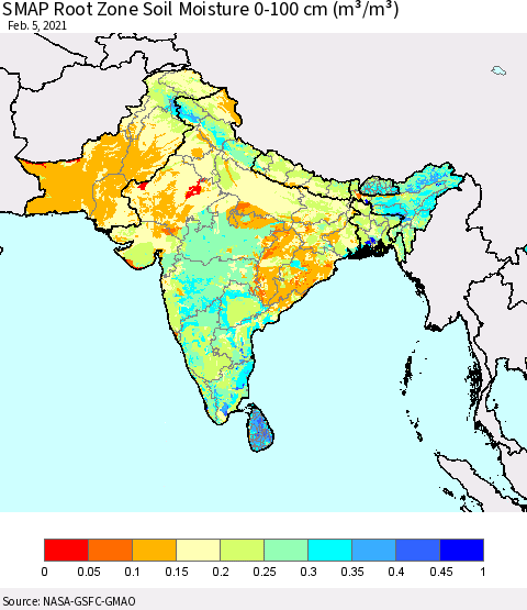 Southern Asia SMAP Root Zone (0-100 cm) Soil Moisture (m³/m³) Thematic Map For 2/1/2021 - 2/5/2021