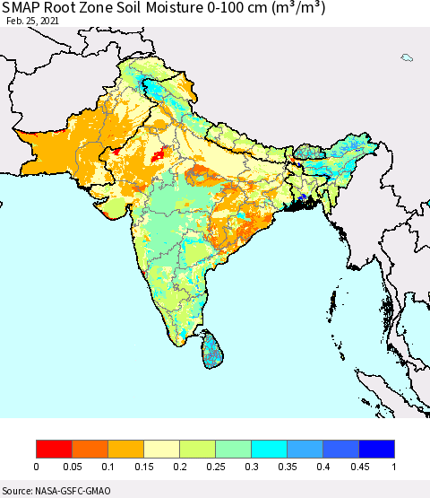 Southern Asia SMAP Root Zone (0-100 cm) Soil Moisture (m³/m³) Thematic Map For 2/21/2021 - 2/25/2021