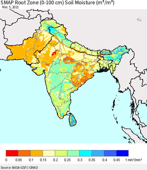 Southern Asia SMAP Root Zone (0-100 cm) Soil Moisture (m³/m³) Thematic Map For 3/1/2021 - 3/5/2021