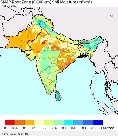 Southern Asia SMAP Root Zone (0-100 cm) Soil Moisture (m³/m³) Thematic Map For 3/6/2021 - 3/10/2021