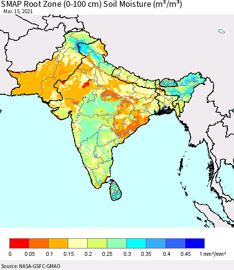 Southern Asia SMAP Root Zone (0-100 cm) Soil Moisture (m³/m³) Thematic Map For 3/11/2021 - 3/15/2021