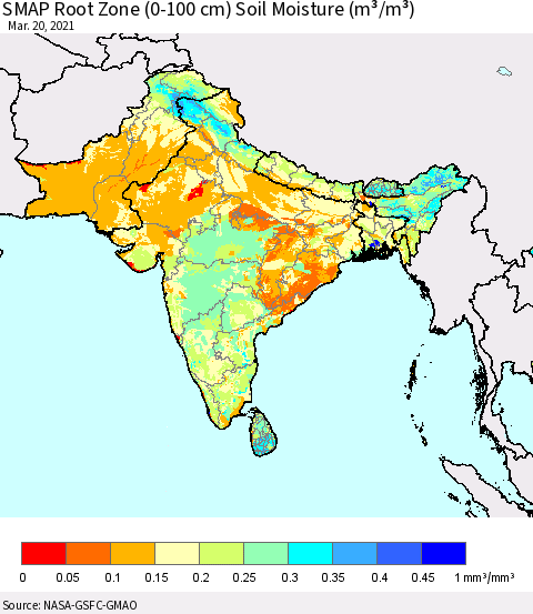 Southern Asia SMAP Root Zone (0-100 cm) Soil Moisture (m³/m³) Thematic Map For 3/16/2021 - 3/20/2021