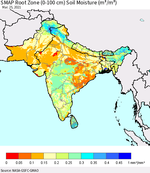 Southern Asia SMAP Root Zone (0-100 cm) Soil Moisture (m³/m³) Thematic Map For 3/21/2021 - 3/25/2021