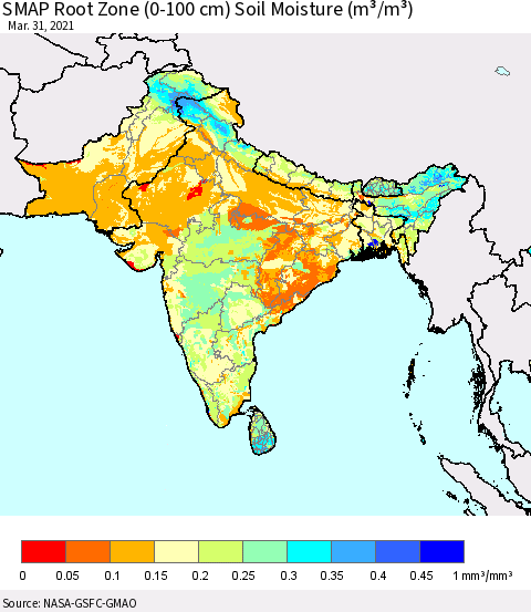 Southern Asia SMAP Root Zone (0-100 cm) Soil Moisture (m³/m³) Thematic Map For 3/26/2021 - 3/31/2021
