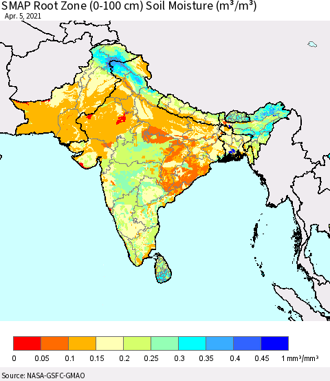 Southern Asia SMAP Root Zone (0-100 cm) Soil Moisture (m³/m³) Thematic Map For 4/1/2021 - 4/5/2021