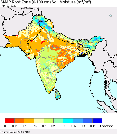 Southern Asia SMAP Root Zone (0-100 cm) Soil Moisture (m³/m³) Thematic Map For 4/16/2021 - 4/20/2021