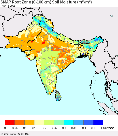 Southern Asia SMAP Root Zone (0-100 cm) Soil Moisture (m³/m³) Thematic Map For 5/1/2021 - 5/5/2021