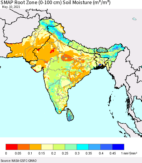 Southern Asia SMAP Root Zone (0-100 cm) Soil Moisture (m³/m³) Thematic Map For 5/6/2021 - 5/10/2021
