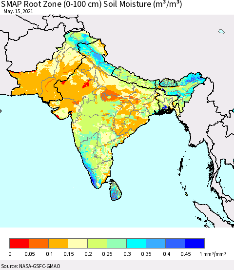 Southern Asia SMAP Root Zone (0-100 cm) Soil Moisture (m³/m³) Thematic Map For 5/11/2021 - 5/15/2021