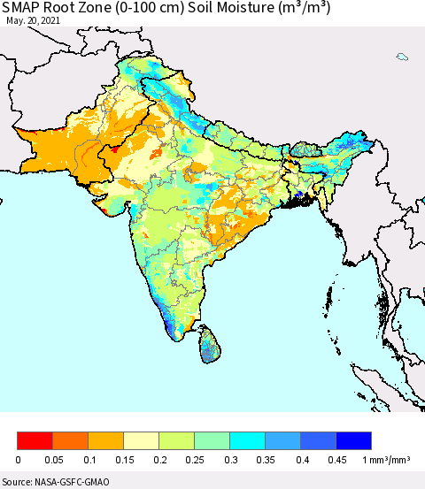 Southern Asia SMAP Root Zone (0-100 cm) Soil Moisture (m³/m³) Thematic Map For 5/16/2021 - 5/20/2021
