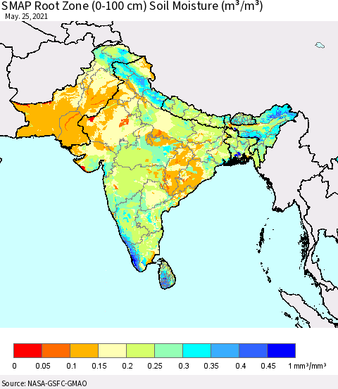Southern Asia SMAP Root Zone (0-100 cm) Soil Moisture (m³/m³) Thematic Map For 5/21/2021 - 5/25/2021