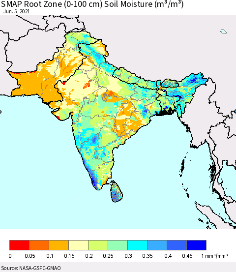 Southern Asia SMAP Root Zone (0-100 cm) Soil Moisture (m³/m³) Thematic Map For 6/1/2021 - 6/5/2021