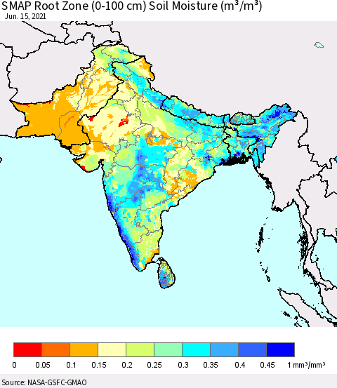 Southern Asia SMAP Root Zone (0-100 cm) Soil Moisture (m³/m³) Thematic Map For 6/11/2021 - 6/15/2021