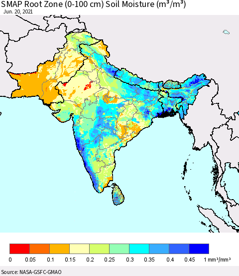 Southern Asia SMAP Root Zone (0-100 cm) Soil Moisture (m³/m³) Thematic Map For 6/16/2021 - 6/20/2021