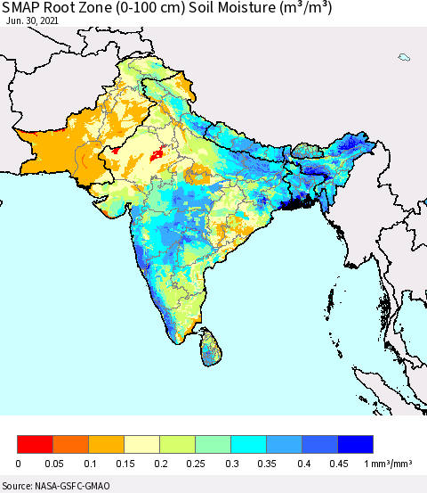 Southern Asia SMAP Root Zone (0-100 cm) Soil Moisture (m³/m³) Thematic Map For 6/26/2021 - 6/30/2021
