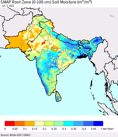 Southern Asia SMAP Root Zone (0-100 cm) Soil Moisture (m³/m³) Thematic Map For 7/1/2021 - 7/5/2021