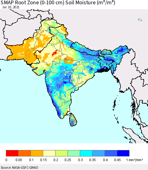 Southern Asia SMAP Root Zone (0-100 cm) Soil Moisture (m³/m³) Thematic Map For 7/6/2021 - 7/10/2021