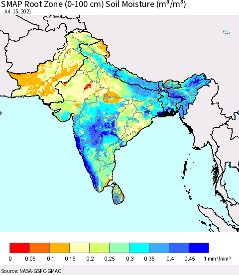 Southern Asia SMAP Root Zone (0-100 cm) Soil Moisture (m³/m³) Thematic Map For 7/11/2021 - 7/15/2021
