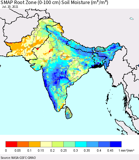 Southern Asia SMAP Root Zone (0-100 cm) Soil Moisture (m³/m³) Thematic Map For 7/16/2021 - 7/20/2021
