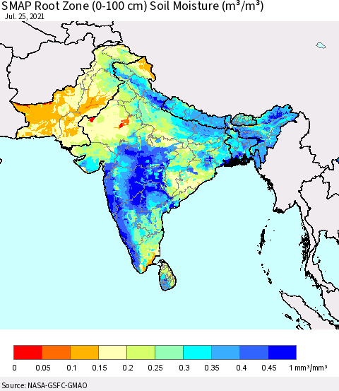 Southern Asia SMAP Root Zone (0-100 cm) Soil Moisture (m³/m³) Thematic Map For 7/21/2021 - 7/25/2021
