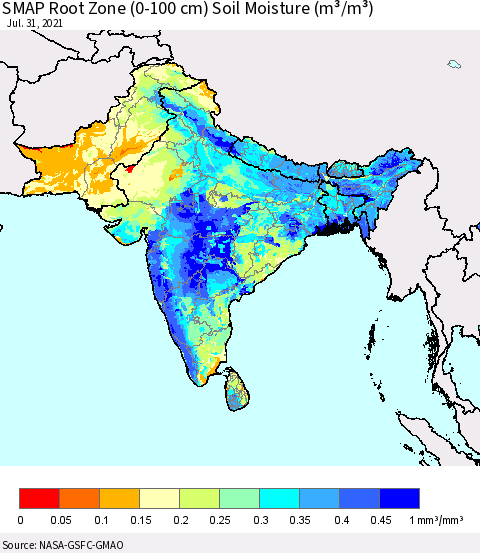 Southern Asia SMAP Root Zone (0-100 cm) Soil Moisture (m³/m³) Thematic Map For 7/26/2021 - 7/31/2021
