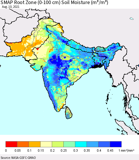 Southern Asia SMAP Root Zone (0-100 cm) Soil Moisture (m³/m³) Thematic Map For 8/6/2021 - 8/10/2021