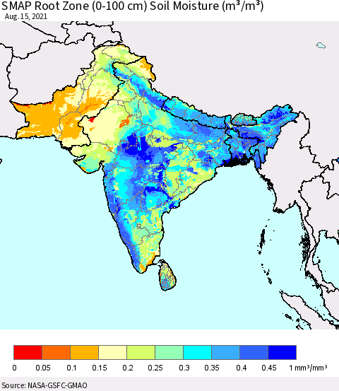 Southern Asia SMAP Root Zone (0-100 cm) Soil Moisture (m³/m³) Thematic Map For 8/11/2021 - 8/15/2021