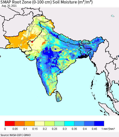 Southern Asia SMAP Root Zone (0-100 cm) Soil Moisture (m³/m³) Thematic Map For 8/16/2021 - 8/20/2021