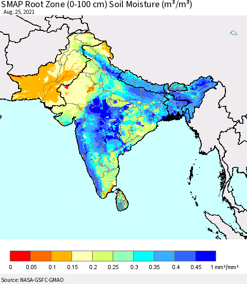 Southern Asia SMAP Root Zone (0-100 cm) Soil Moisture (m³/m³) Thematic Map For 8/21/2021 - 8/25/2021