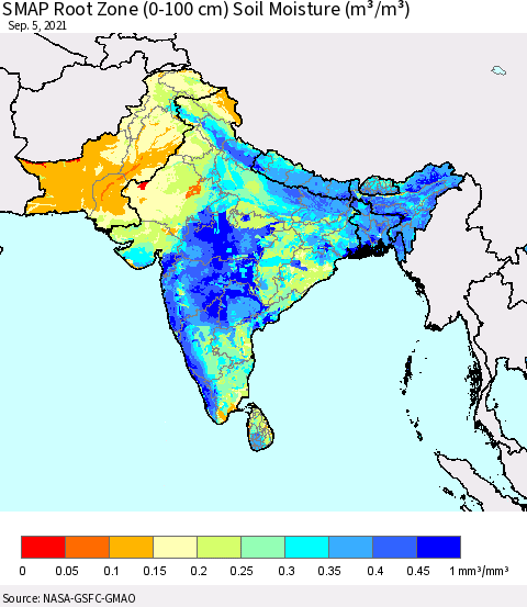 Southern Asia SMAP Root Zone (0-100 cm) Soil Moisture (m³/m³) Thematic Map For 9/1/2021 - 9/5/2021